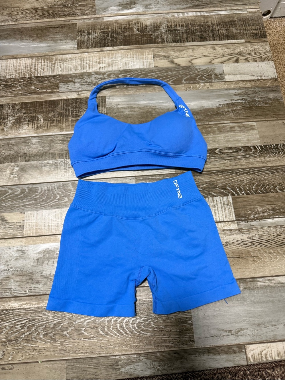 DFYNE Women’s Electric Blue Halter Sports Bra and Shorts Size S Gym Pilates Yoga